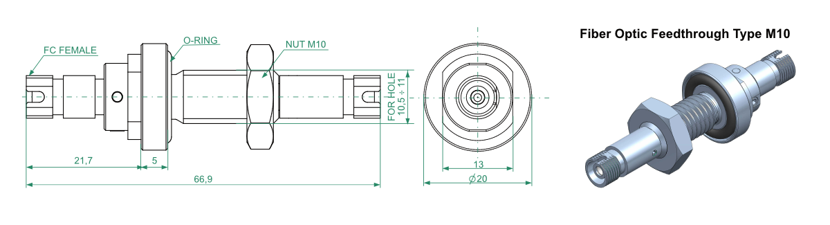 M10 and M16 Vacuum Adapter Fiber Optic Feedthrough Without Flange